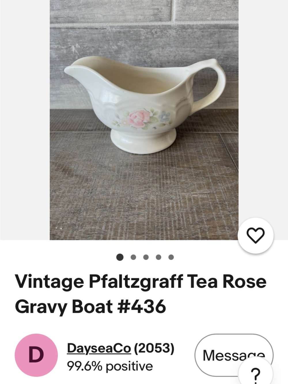Pfaltzgraff Tea Rose White Gravy Boat with Pink Floral Accent